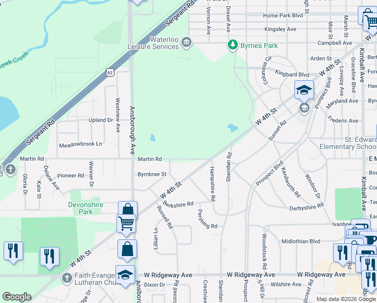 map of restaurants, bars, coffee shops, grocery stores, and more near 100 Martin Road in Waterloo