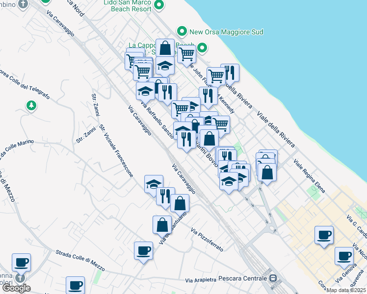 map of restaurants, bars, coffee shops, grocery stores, and more near 94 Via Raffaello Sanzio in Pescara