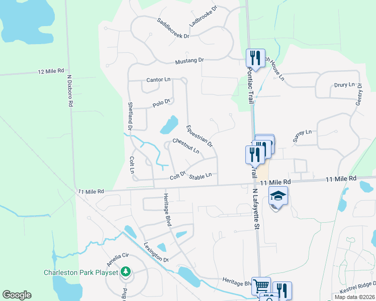 map of restaurants, bars, coffee shops, grocery stores, and more near 1047 Chestnut Lane in South Lyon
