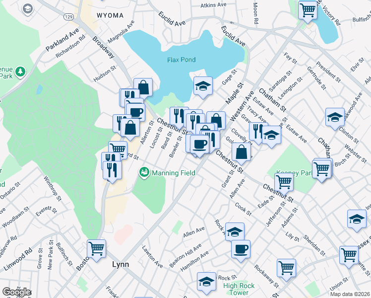 map of restaurants, bars, coffee shops, grocery stores, and more near 283 Maple Street in Lynn