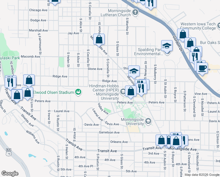 map of restaurants, bars, coffee shops, grocery stores, and more near 1301-1399 South Cornelia Street in Sioux City