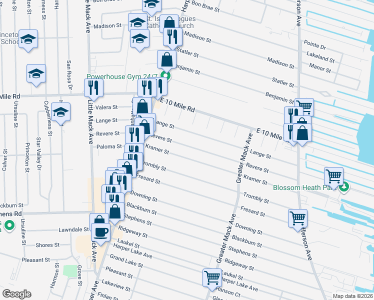 map of restaurants, bars, coffee shops, grocery stores, and more near 21731 Kramer Street in St. Clair Shores