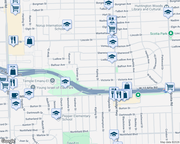 map of restaurants, bars, coffee shops, grocery stores, and more near 14070 Winchester Street in Oak Park
