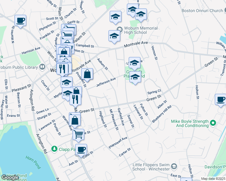map of restaurants, bars, coffee shops, grocery stores, and more near 29 Garfield Avenue in Woburn