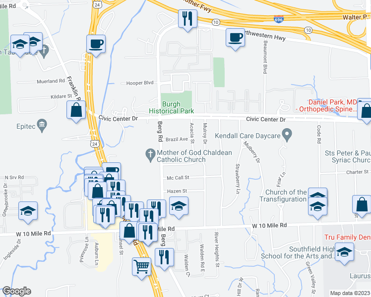 map of restaurants, bars, coffee shops, grocery stores, and more near 23736 Clarkson Street in Southfield