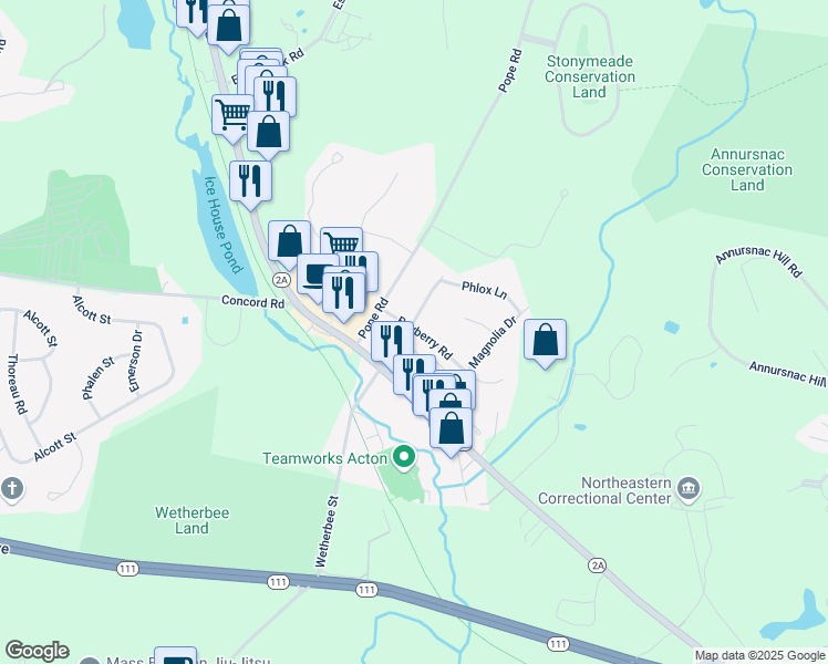 map of restaurants, bars, coffee shops, grocery stores, and more near 1 Bayberry Road in Acton