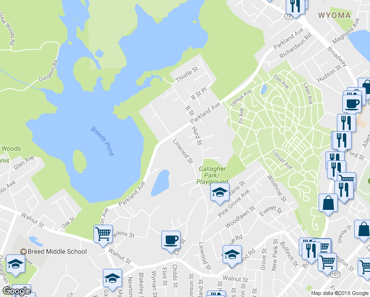map of restaurants, bars, coffee shops, grocery stores, and more near 231 Linwood Street in Lynn