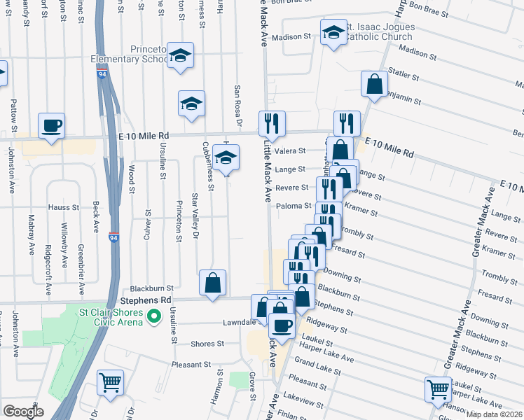 map of restaurants, bars, coffee shops, grocery stores, and more near 24625 Little Mack Avenue in St. Clair Shores