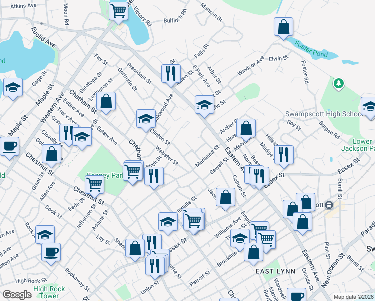 map of restaurants, bars, coffee shops, grocery stores, and more near 12 Hammond Street in Lynn