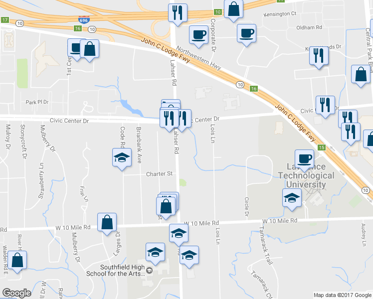 map of restaurants, bars, coffee shops, grocery stores, and more near 25700 Lahser Road in Southfield