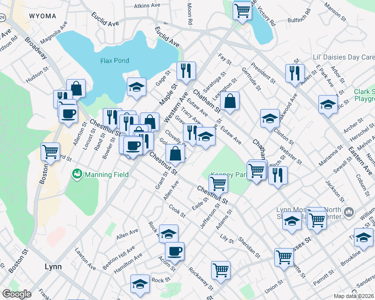 map of restaurants, bars, coffee shops, grocery stores, and more near 57 Clovelly Street in Lynn