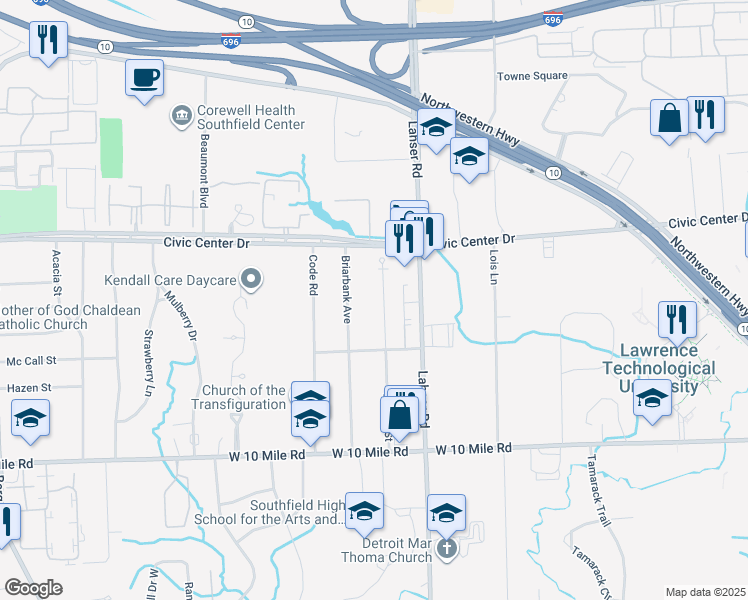 map of restaurants, bars, coffee shops, grocery stores, and more near 25704 Briarbank Avenue in Southfield