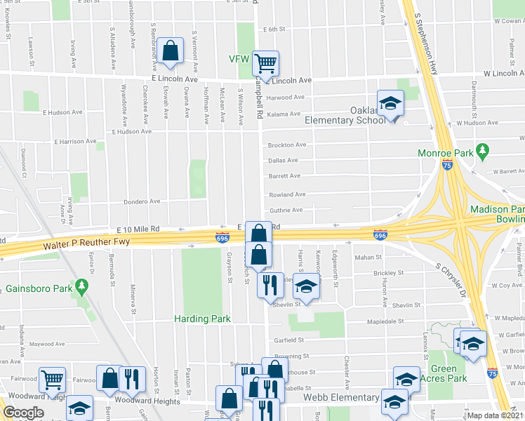 map of restaurants, bars, coffee shops, grocery stores, and more near S Campbell Rd & Guthrie Ave in Royal Oak