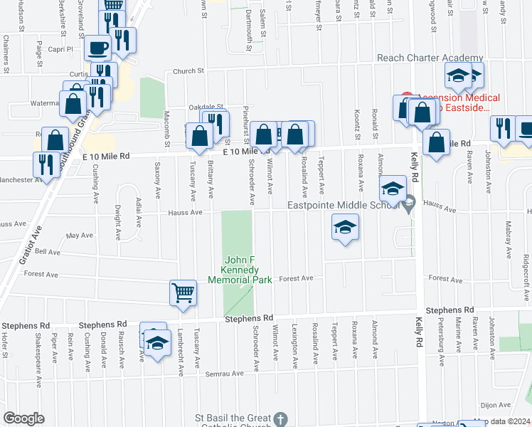 map of restaurants, bars, coffee shops, grocery stores, and more near 24705 Wilmot Avenue in Eastpointe