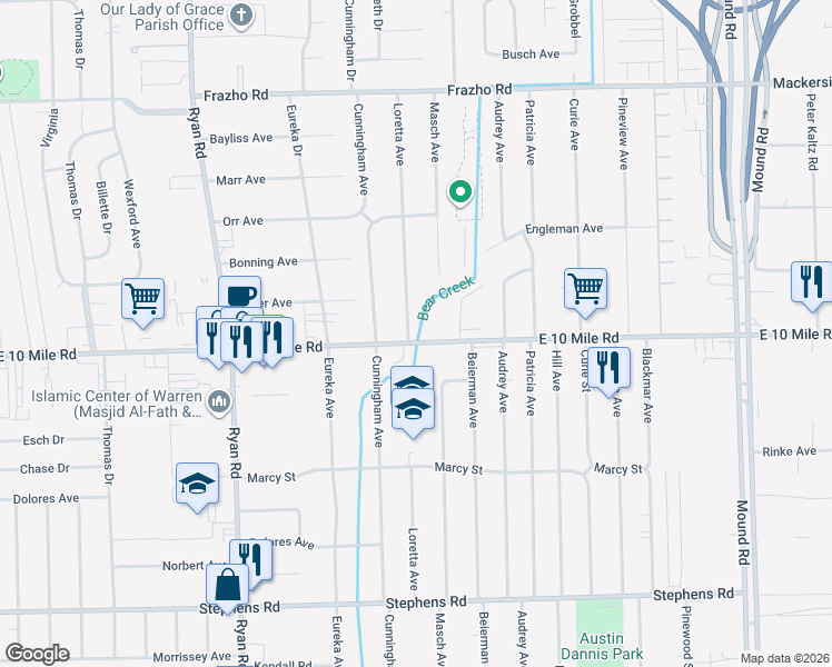 map of restaurants, bars, coffee shops, grocery stores, and more near 25006 Loretta Avenue in Warren