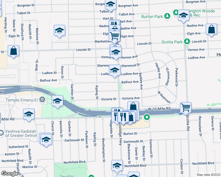 map of restaurants, bars, coffee shops, grocery stores, and more near 13660 Winchester Street in Oak Park