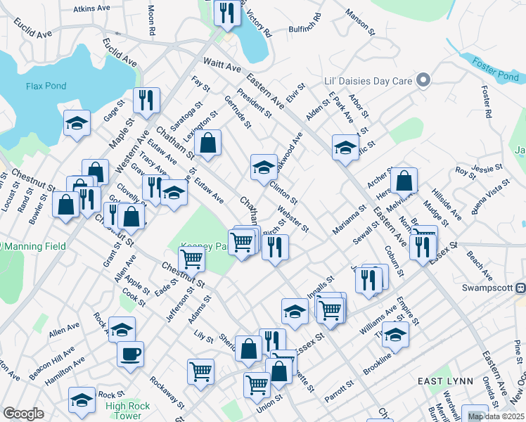 map of restaurants, bars, coffee shops, grocery stores, and more near 14 Massachusetts Avenue in Lynn