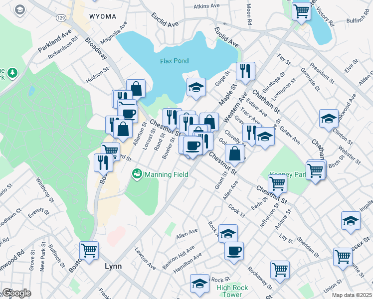 map of restaurants, bars, coffee shops, grocery stores, and more near 61 Tucker Street in Lynn