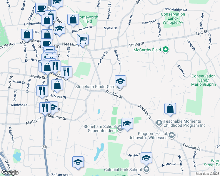 map of restaurants, bars, coffee shops, grocery stores, and more near in Stoneham