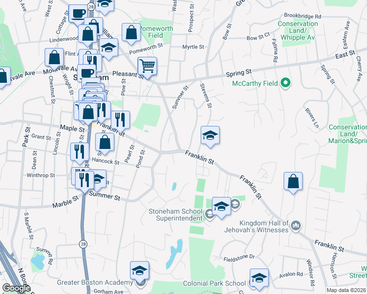 map of restaurants, bars, coffee shops, grocery stores, and more near 83 Pleasant Street in Stoneham
