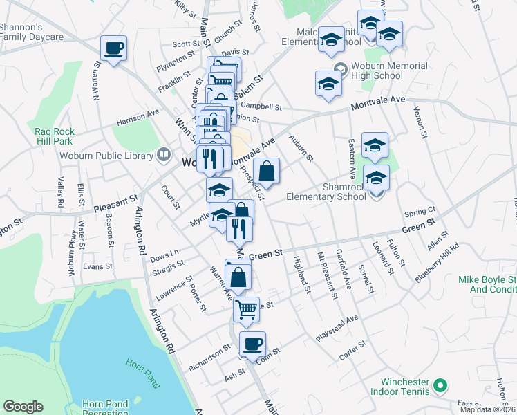 map of restaurants, bars, coffee shops, grocery stores, and more near 42 Prospect Street in Woburn