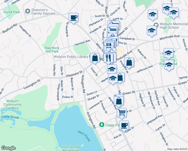 map of restaurants, bars, coffee shops, grocery stores, and more near 18 Warren Avenue in Woburn