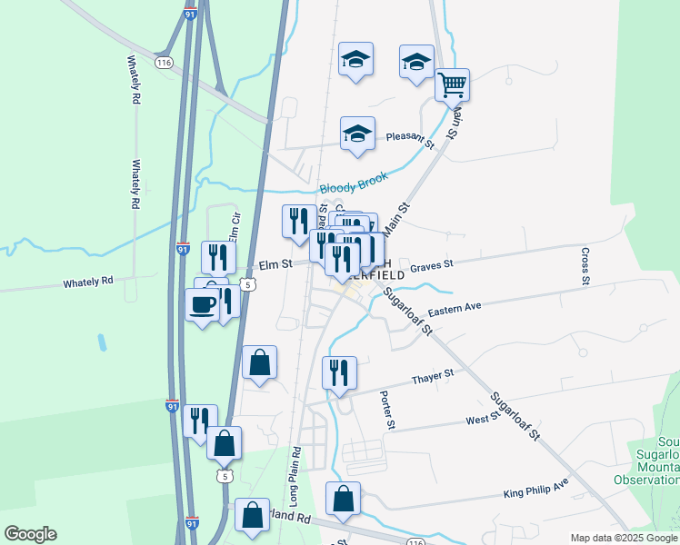 map of restaurants, bars, coffee shops, grocery stores, and more near 47 South Main Street in Deerfield