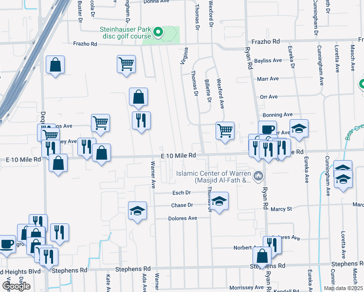 map of restaurants, bars, coffee shops, grocery stores, and more near 25155 Nuway Avenue in Warren