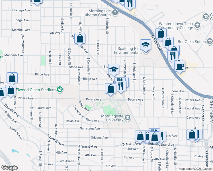 map of restaurants, bars, coffee shops, grocery stores, and more near 3526 Claude Avenue in Sioux City