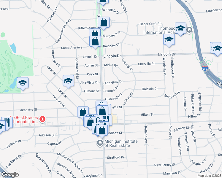 map of restaurants, bars, coffee shops, grocery stores, and more near 25525 Filmore Pl in Southfield