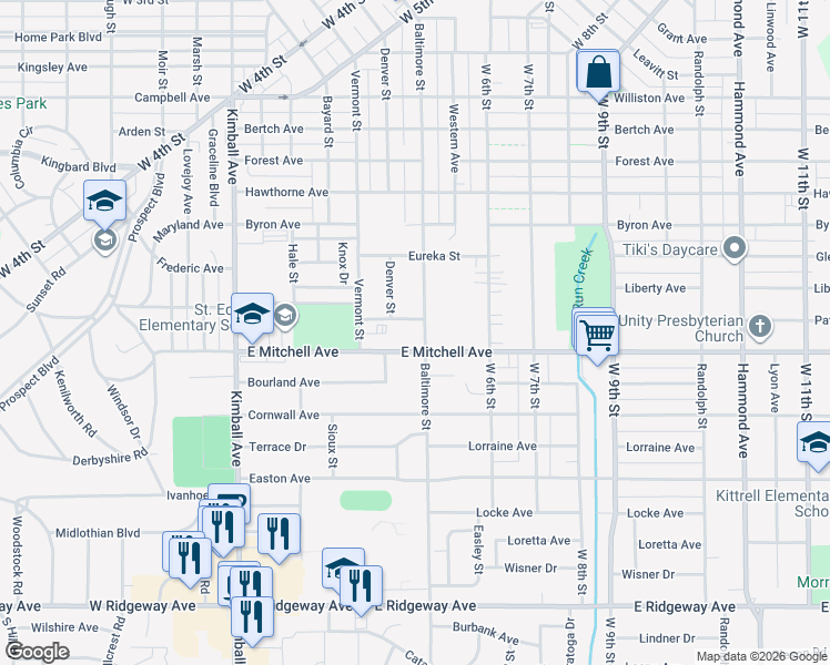 map of restaurants, bars, coffee shops, grocery stores, and more near 515 East Mitchell Avenue in Waterloo
