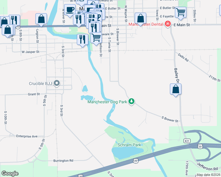map of restaurants, bars, coffee shops, grocery stores, and more near 301 Vine Street in Manchester