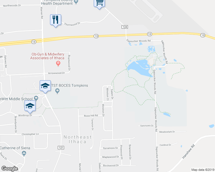 map of restaurants, bars, coffee shops, grocery stores, and more near 1000 Winston Court in Ithaca