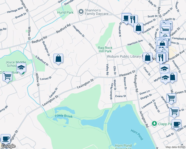 map of restaurants, bars, coffee shops, grocery stores, and more near 5 Burlington Street in Woburn