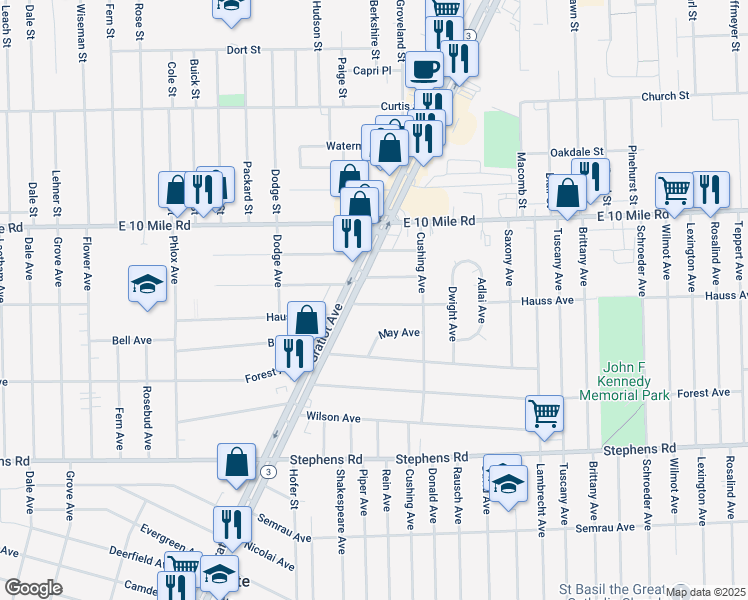 map of restaurants, bars, coffee shops, grocery stores, and more near 16841 Hauss Avenue in Eastpointe