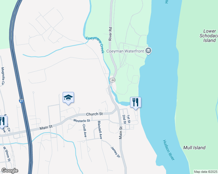 map of restaurants, bars, coffee shops, grocery stores, and more near 133 Main Street in Coeymans