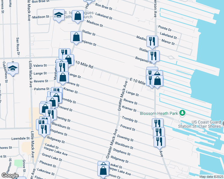 map of restaurants, bars, coffee shops, grocery stores, and more near 22009 Revere Street in St. Clair Shores