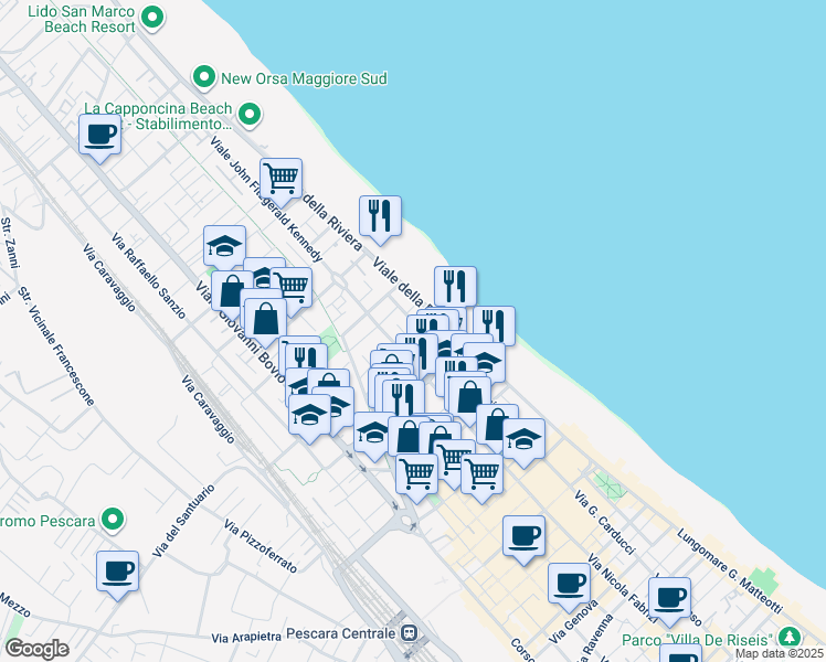 map of restaurants, bars, coffee shops, grocery stores, and more near 124 Viale Regina Margherita in Pescara