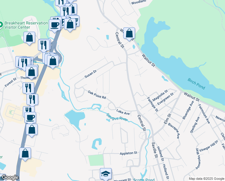 map of restaurants, bars, coffee shops, grocery stores, and more near 18 Jane Drive in Saugus