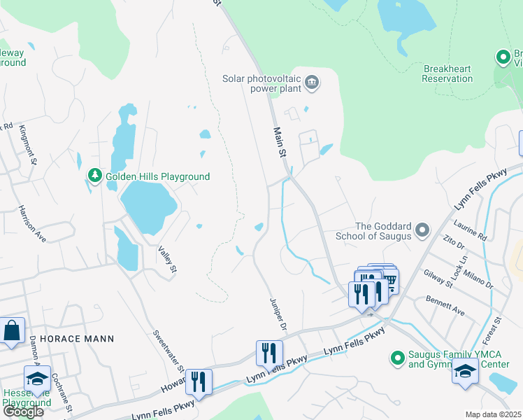 map of restaurants, bars, coffee shops, grocery stores, and more near 40 Juniper Drive in Saugus