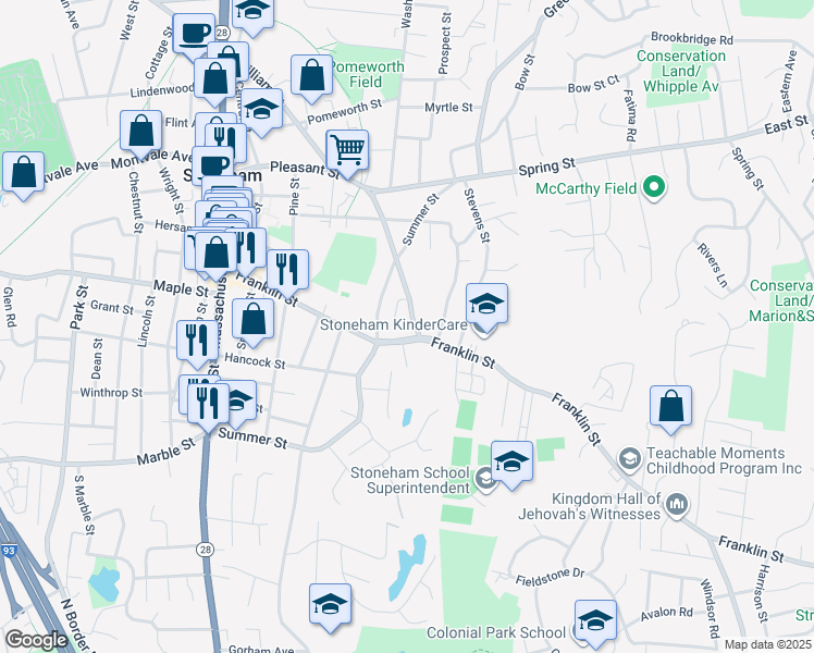 map of restaurants, bars, coffee shops, grocery stores, and more near 83 Pleasant Street in Stoneham