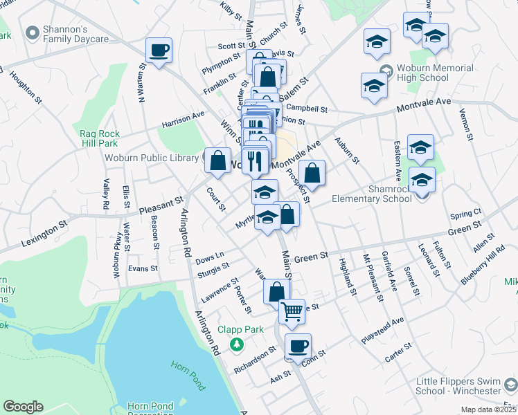 map of restaurants, bars, coffee shops, grocery stores, and more near 282 Main Street in Woburn