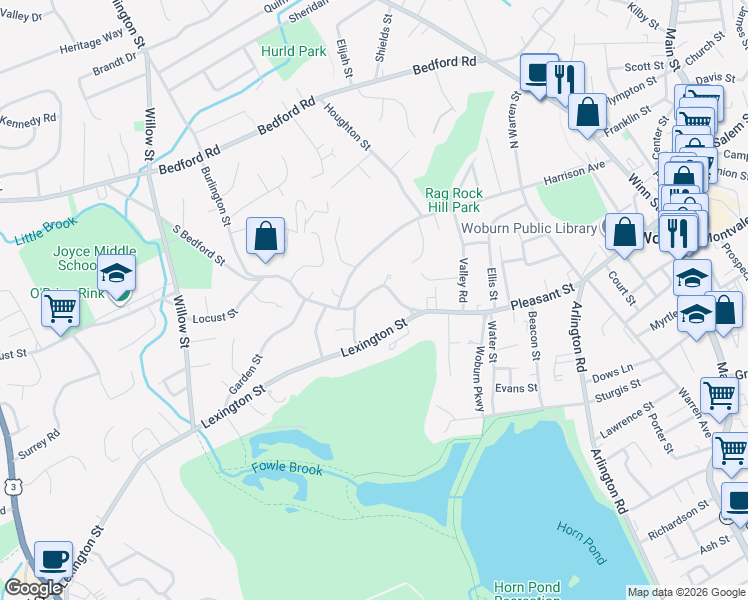 map of restaurants, bars, coffee shops, grocery stores, and more near 26R Burlington Street in Woburn