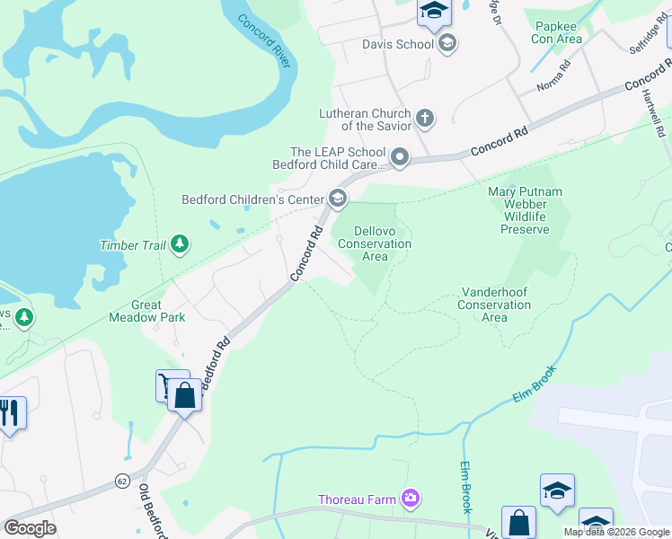 map of restaurants, bars, coffee shops, grocery stores, and more near 8 Parker Road in Bedford