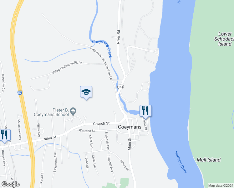 map of restaurants, bars, coffee shops, grocery stores, and more near 133 Main Street in Coeymans