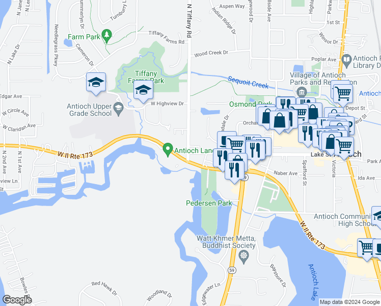 map of restaurants, bars, coffee shops, grocery stores, and more near 713 Lake Street in Antioch