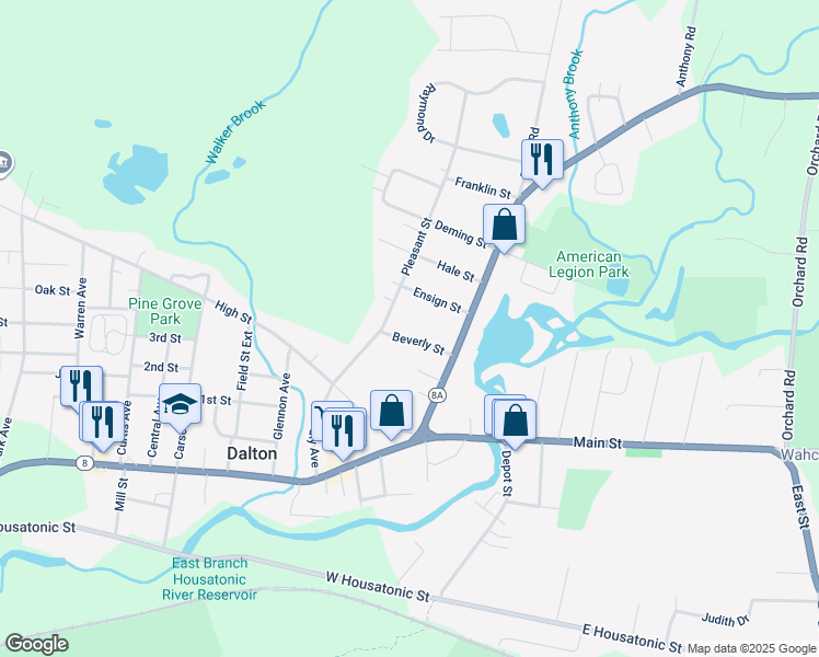map of restaurants, bars, coffee shops, grocery stores, and more near 38-48 Beverly Street in Dalton
