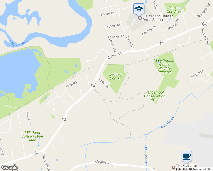 map of restaurants, bars, coffee shops, grocery stores, and more near 8 Parker Road in Bedford