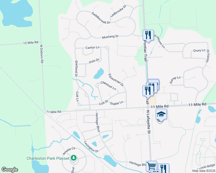 map of restaurants, bars, coffee shops, grocery stores, and more near 1047 Chestnut Lane in South Lyon