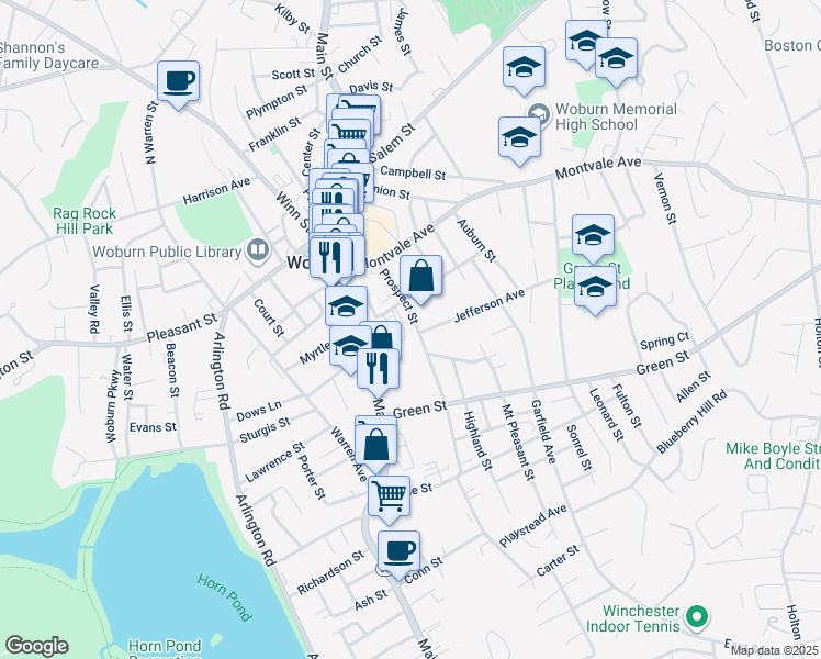 map of restaurants, bars, coffee shops, grocery stores, and more near 35 Prospect Street in Woburn